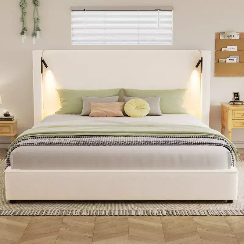 Struttura letto king size imbottita beige con testiera a tutta altezza, lampada da lettura e porta USB – 1 persona