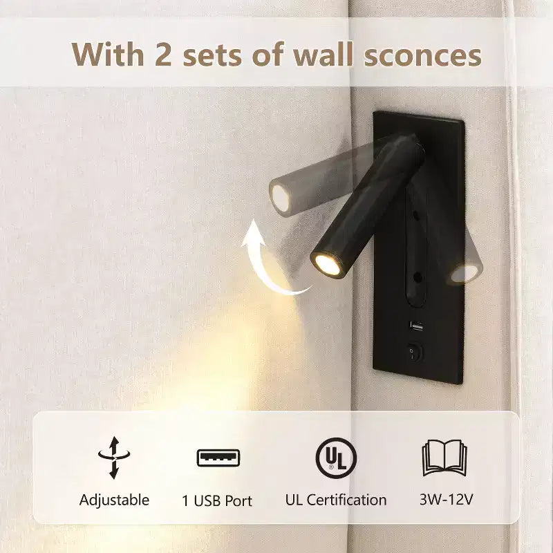 Struttura letto king size imbottita beige con testiera a tutta altezza, lampada da lettura e porta USB – 1 persona
