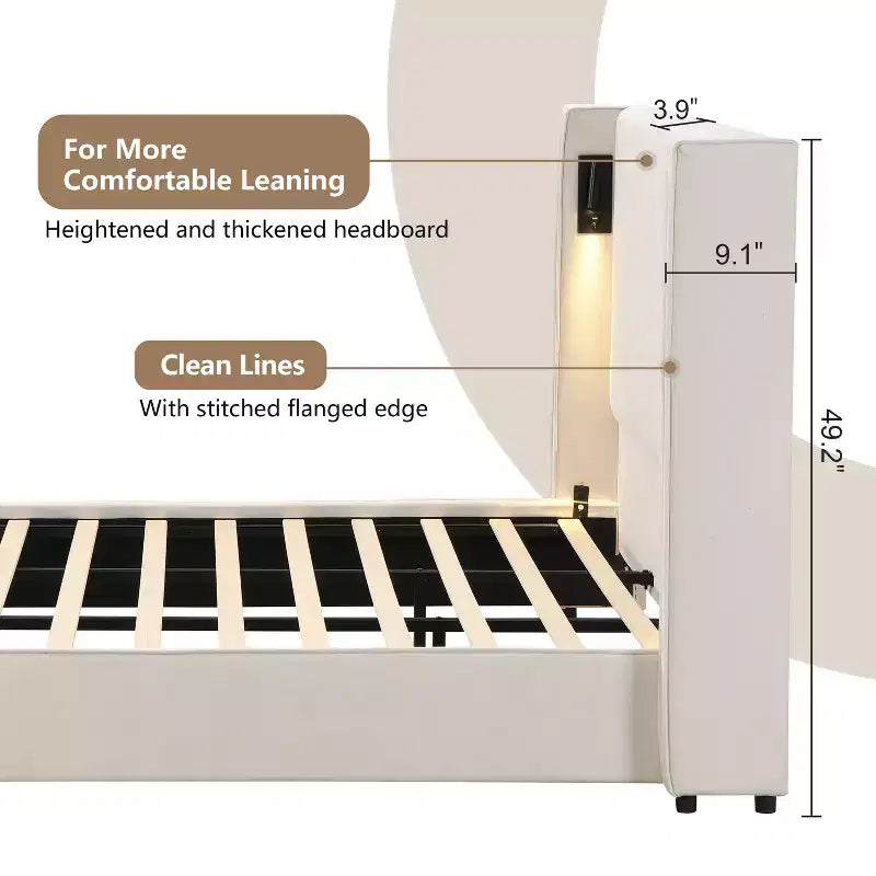 Struttura letto king size imbottita beige con testiera a tutta altezza, lampada da lettura e porta USB – 1 persona