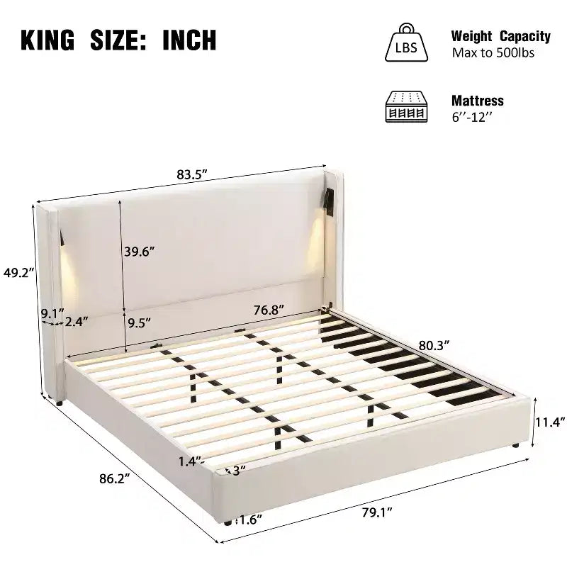 Struttura letto king size imbottita beige con testiera a tutta altezza, lampada da lettura e porta USB – 1 persona