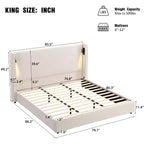 Struttura letto king size imbottita beige con testiera a tutta altezza, lampada da lettura e porta USB – 1 persona