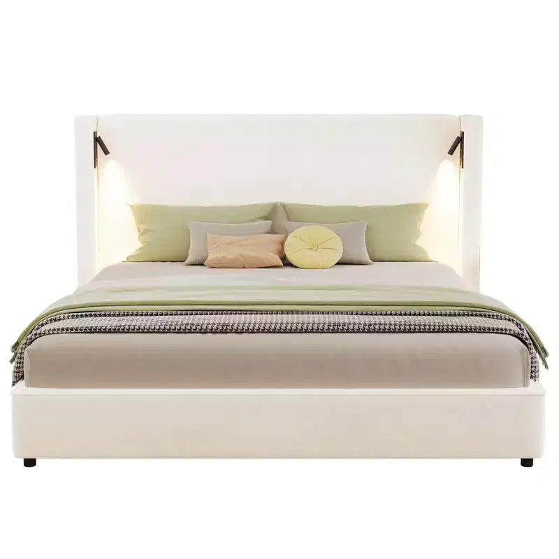 Struttura letto king size imbottita beige con testiera a tutta altezza, lampada da lettura e porta USB – 1 persona