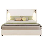 Struttura letto king size imbottita beige con testiera a tutta altezza, lampada da lettura e porta USB – 1 persona