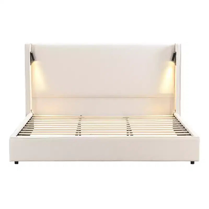Struttura letto king size imbottita beige con testiera a tutta altezza, lampada da lettura e porta USB – 1 persona