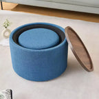 Set Pouf Contenitore Rotondi con Vassoio in Legno, Lino, 2 Pezzi