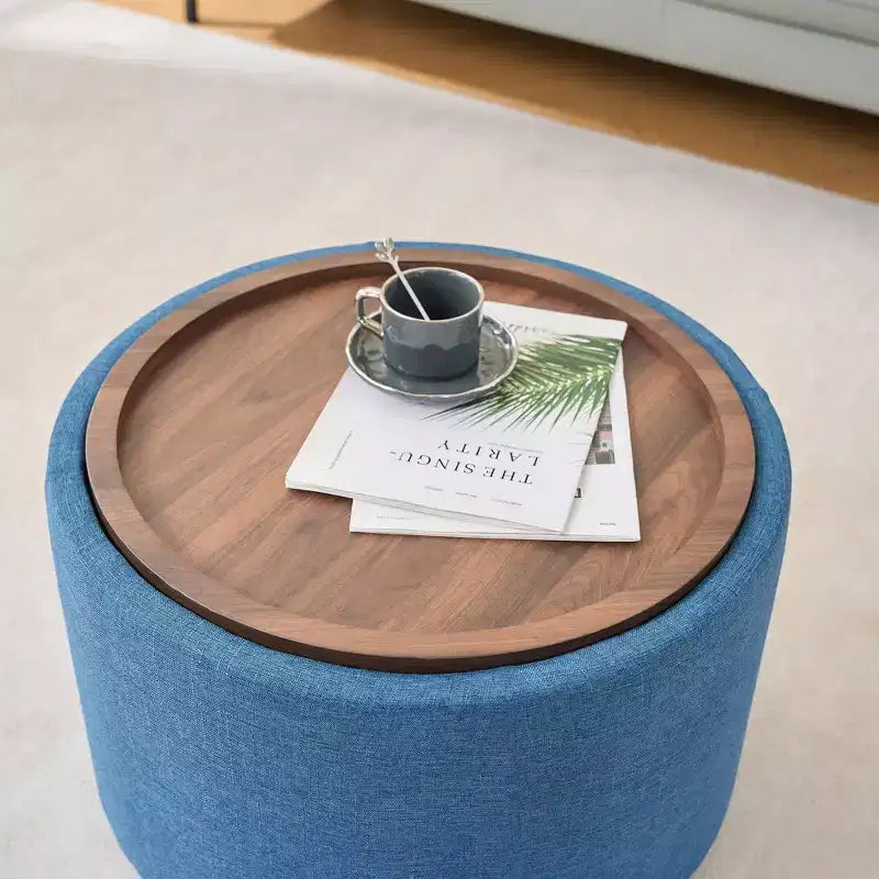 Set Pouf Contenitore Rotondi con Vassoio in Legno, Lino, 2 Pezzi