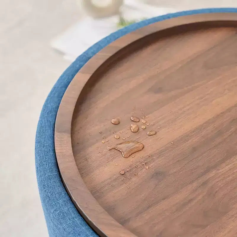 Set Pouf Contenitore Rotondi con Vassoio in Legno, Lino, 2 Pezzi