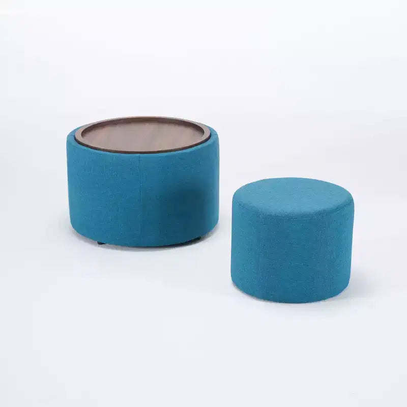 Set Pouf Contenitore Rotondi con Vassoio in Legno, Lino, 2 Pezzi