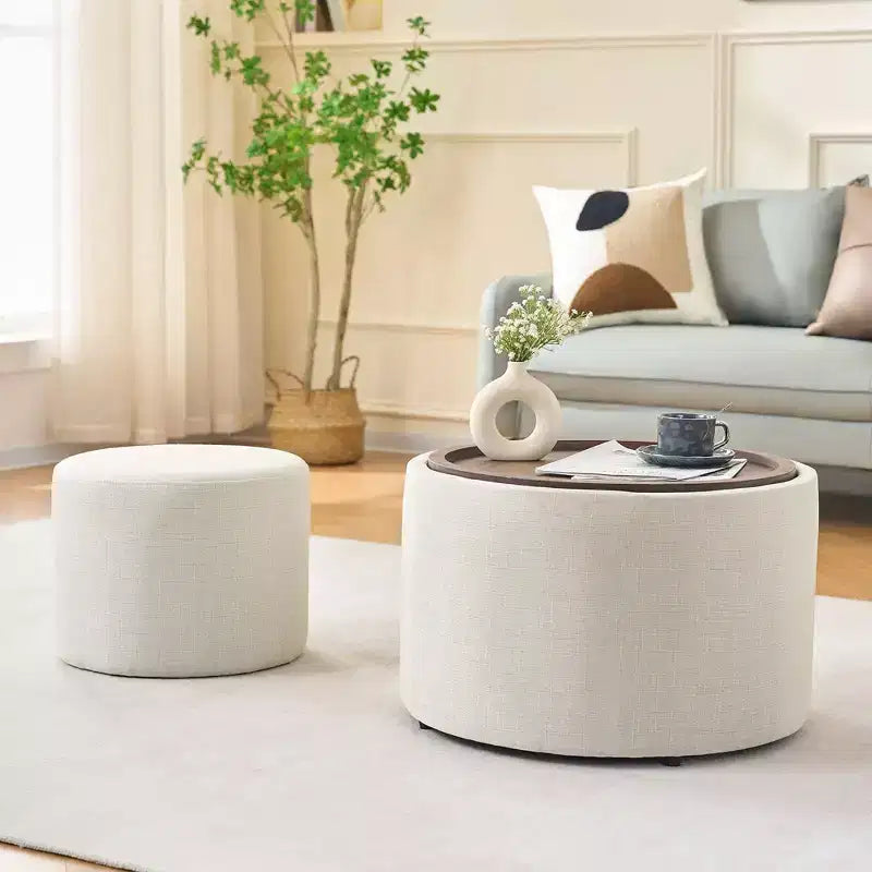 Set Pouf Contenitore Rotondi con Vassoio in Legno, Lino, 2 Pezzi