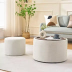 Set Pouf Contenitore Rotondi con Vassoio in Legno, Lino, 2 Pezzi