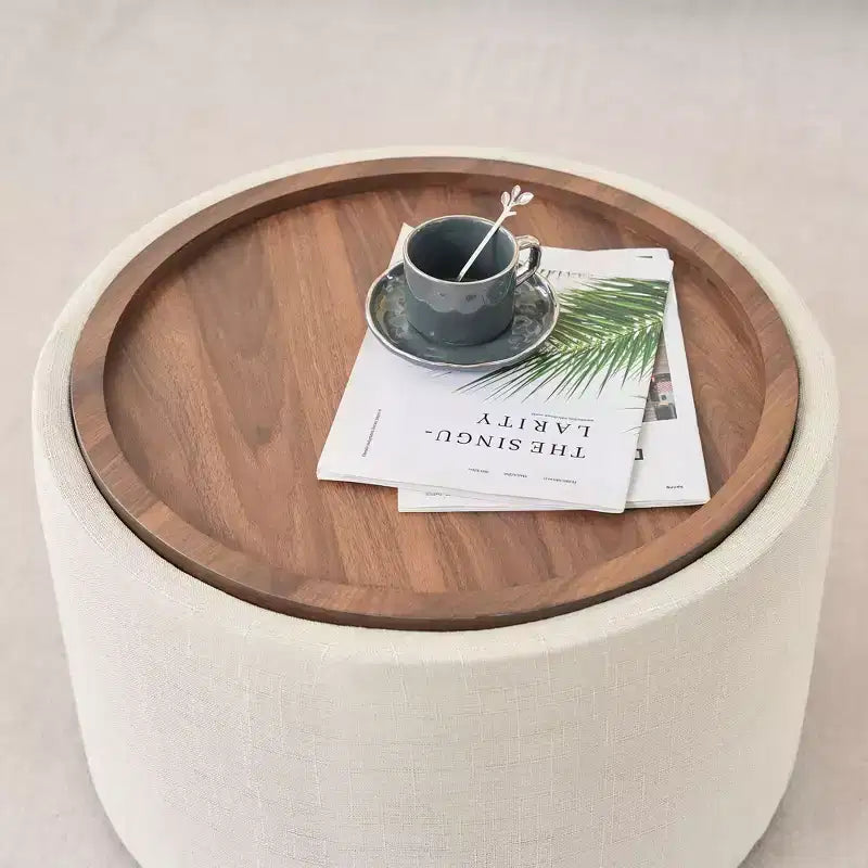 Set Pouf Contenitore Rotondi con Vassoio in Legno, Lino, 2 Pezzi