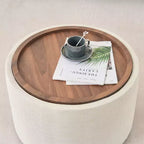 Set Pouf Contenitore Rotondi con Vassoio in Legno, Lino, 2 Pezzi