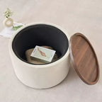 Set Pouf Contenitore Rotondi con Vassoio in Legno, Lino, 2 Pezzi