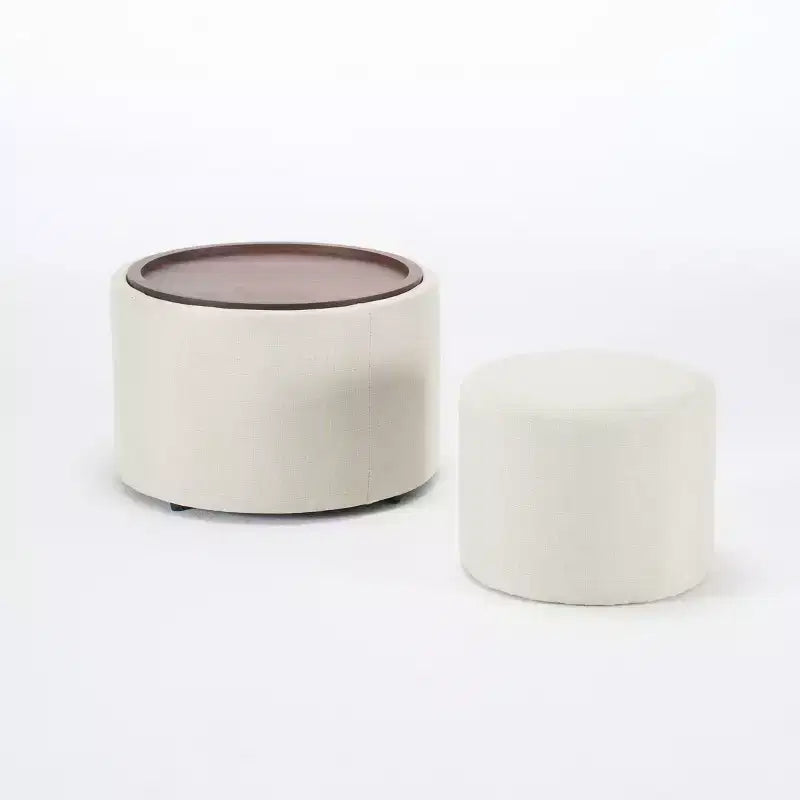 Set Pouf Contenitore Rotondi con Vassoio in Legno, Lino, 2 Pezzi