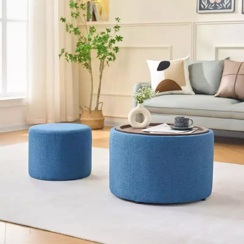 Set Pouf Contenitore Rotondi con Vassoio in Legno, Lino, 2 Pezzi