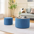 Set Pouf Contenitore Rotondi con Vassoio in Legno, Lino, 2 Pezzi