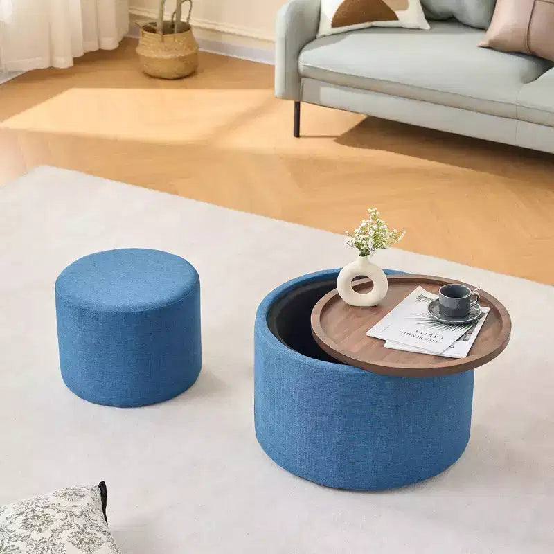 Set Pouf Contenitore Rotondi con Vassoio in Legno, Lino, 2 Pezzi