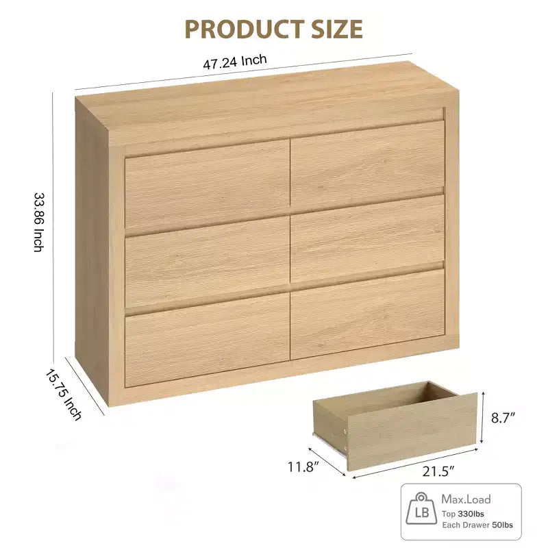 Cassettiera in legno naturale a 6 cassetti, stile moderno di metà secolo