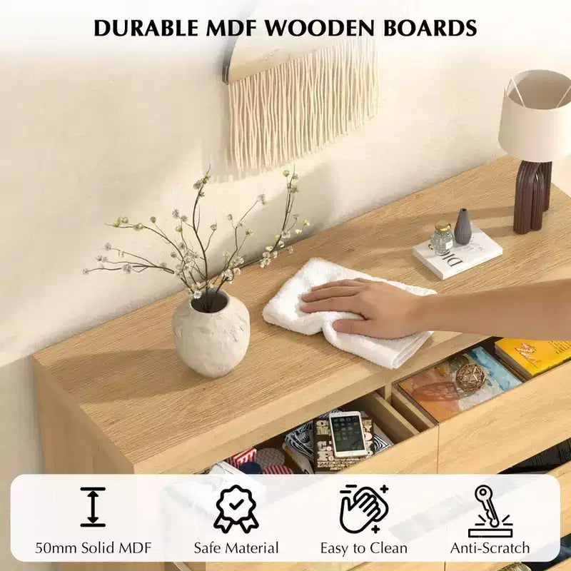 Cassettiera in legno naturale a 6 cassetti, stile moderno di metà secolo
