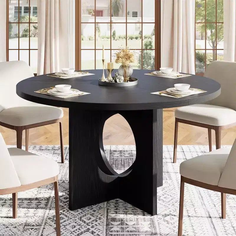 Tavolo da pranzo rotondo da 47", base a piedistallo, 4-6 posti (Nero / Marrone / Noce)