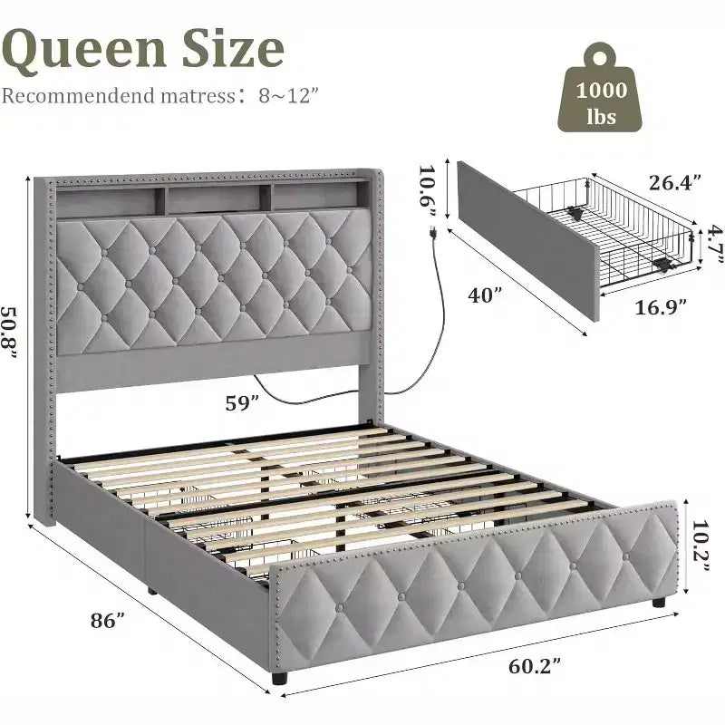 Letto contenitore imbottito grigio chiaro con dettagli borchiati color rame – 4 cassetti, una piazza