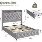 Letto contenitore imbottito grigio chiaro con dettagli borchiati color rame – 4 cassetti, una piazza