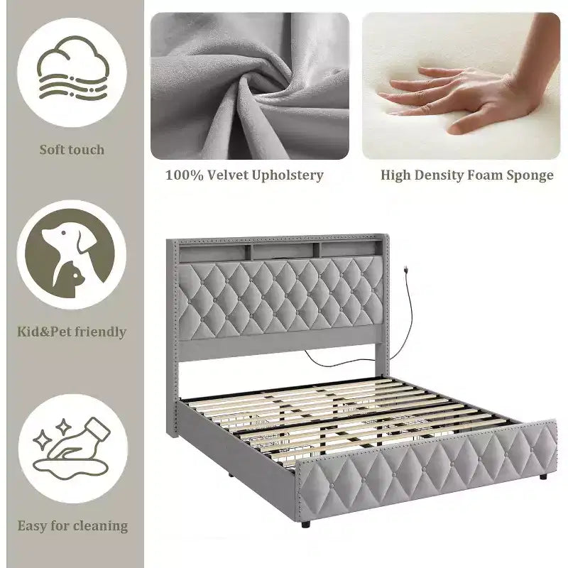 Letto contenitore imbottito grigio chiaro con dettagli borchiati color rame – 4 cassetti, una piazza