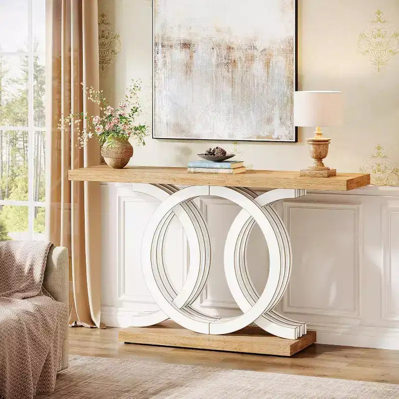 Tavolo console geometrico marrone, montaggio da 1 persona, 140 cm