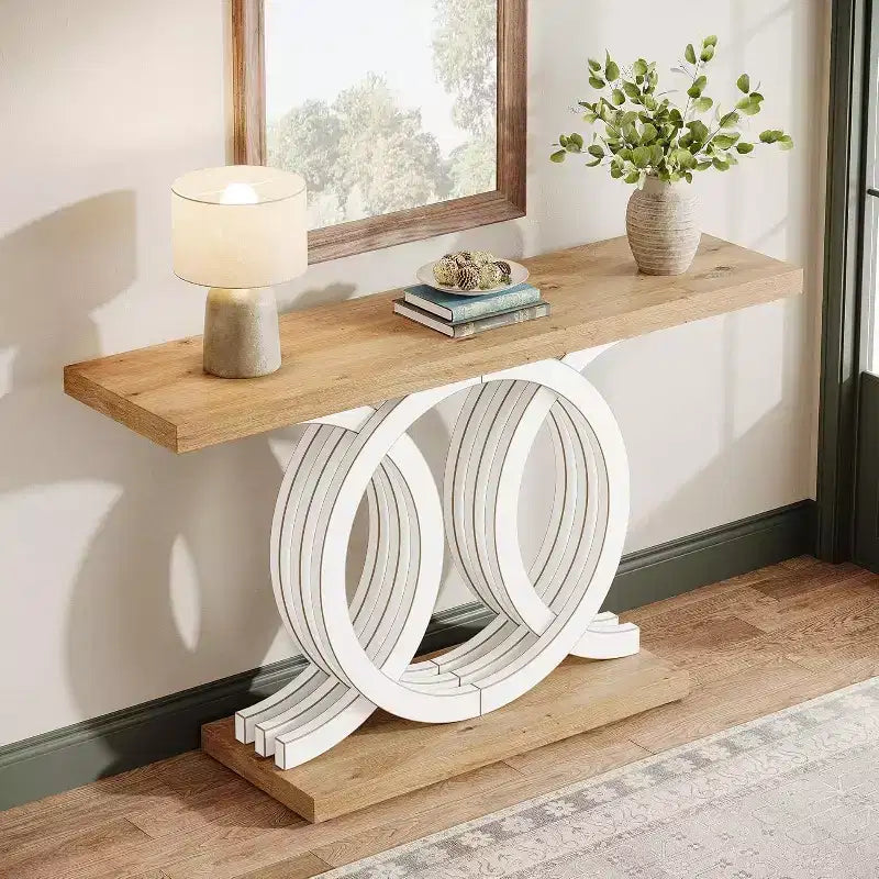 Tavolo console geometrico marrone, montaggio da 1 persona, 140 cm