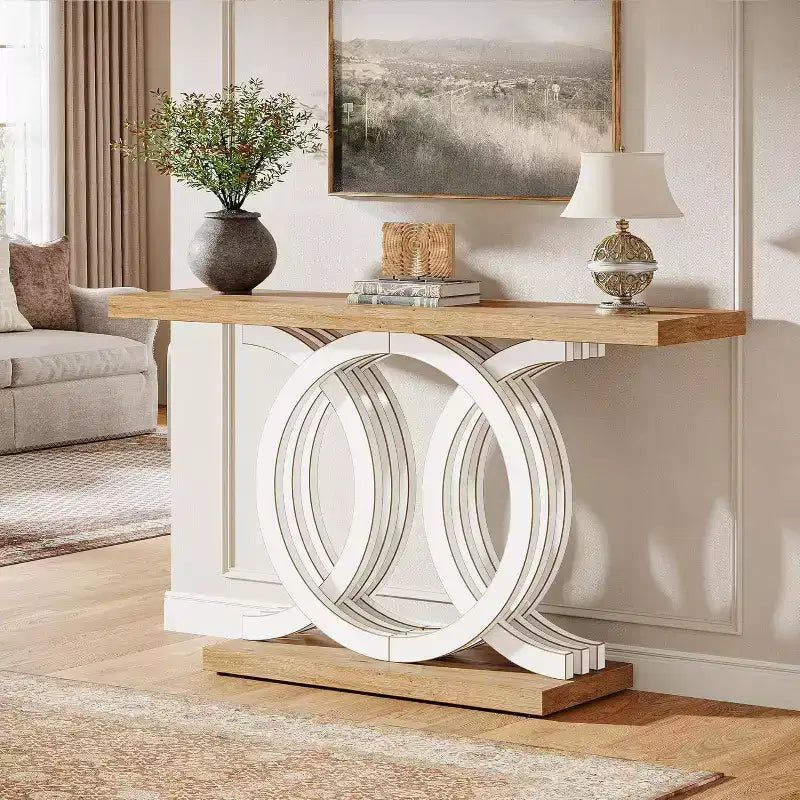 Tavolo console geometrico marrone, montaggio da 1 persona, 140 cm