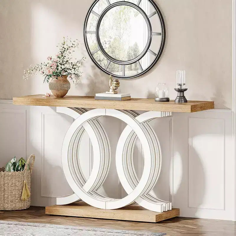 Tavolo console geometrico marrone, montaggio da 1 persona, 140 cm
