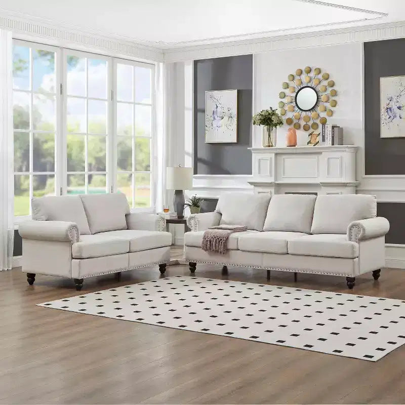 Divano componibile a 2 pezzi Beige Classic Nail Trim, 5 posti a sedere