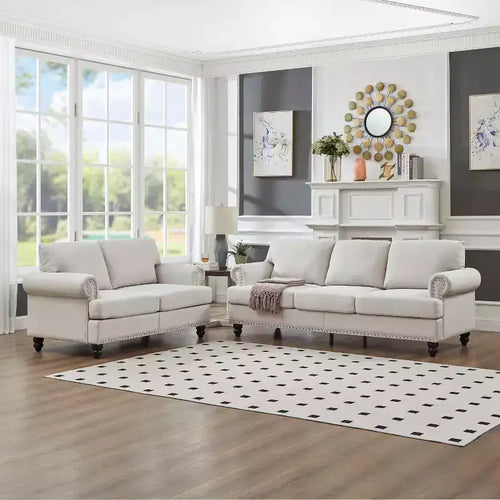 Divano componibile a 2 pezzi Beige Classic Nail Trim, 5 posti a sedere