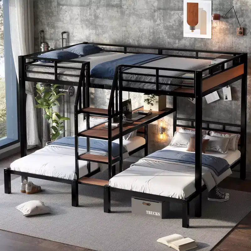 Bellemave Bunk Bed with Storage Shelves and Storage Stairs,Triple Metal Bunk Bed Frame for Kids,Teens and Adults,Black