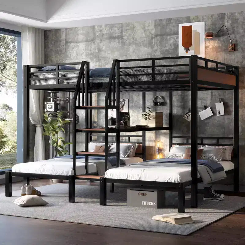 Letto a castello triplo nero con scale contenitore e mensole, 3 posti letto