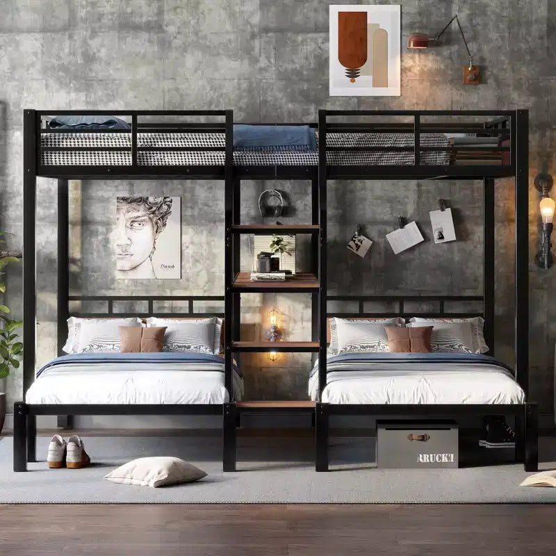 Letto a castello triplo nero con scale contenitore e mensole, 3 posti letto