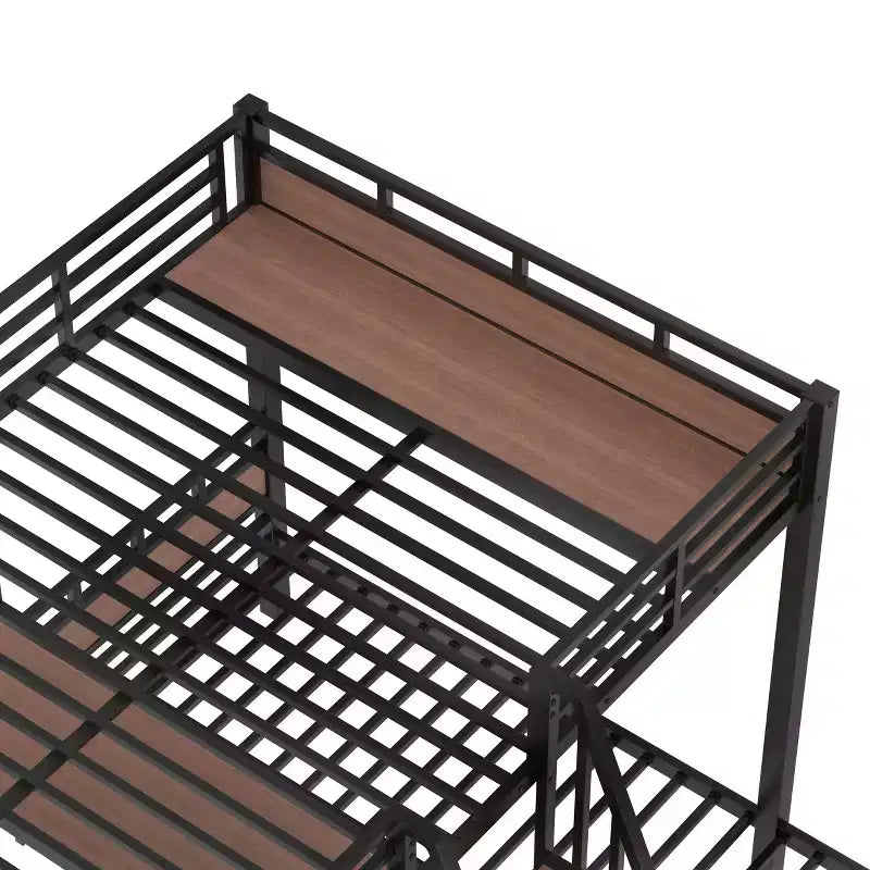 Letto a castello triplo nero con scale contenitore e mensole, 3 posti letto