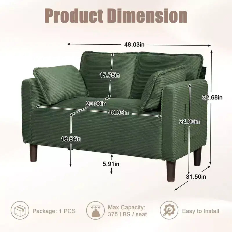 Divanetto 2 Posti in Velluto a Coste con Tasca Laterale – Beige / Verde / Grigio