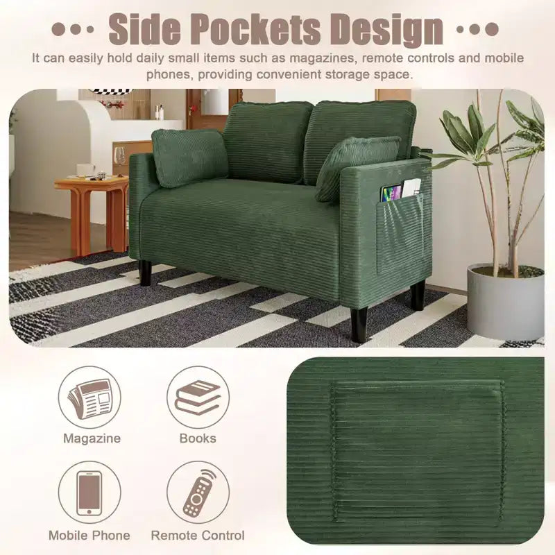 Divanetto 2 Posti in Velluto a Coste con Tasca Laterale – Beige / Verde / Grigio