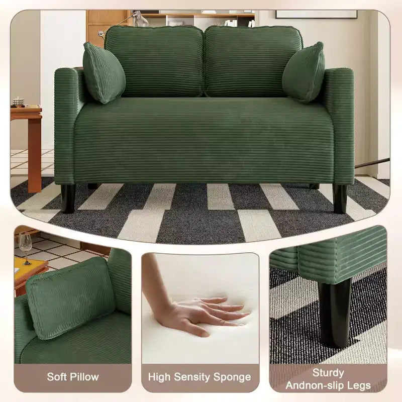 Divanetto 2 Posti in Velluto a Coste con Tasca Laterale – Beige / Verde / Grigio