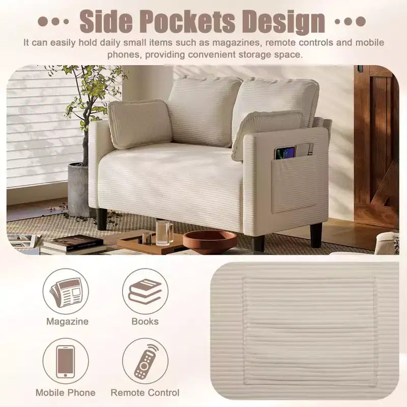 Divanetto 2 Posti in Velluto a Coste con Tasca Laterale – Beige / Verde / Grigio