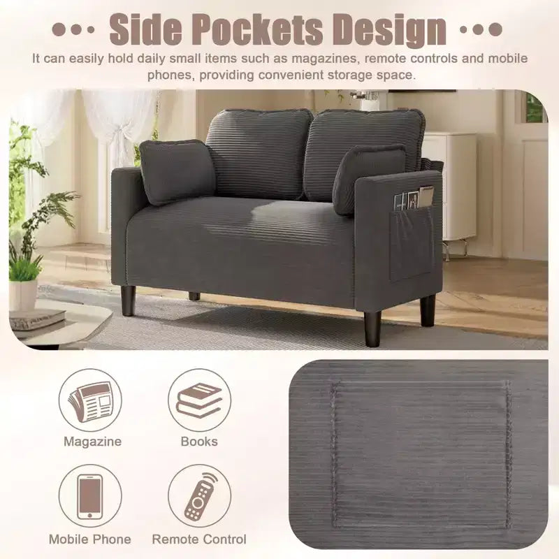 Divanetto 2 Posti in Velluto a Coste con Tasca Laterale – Beige / Verde / Grigio