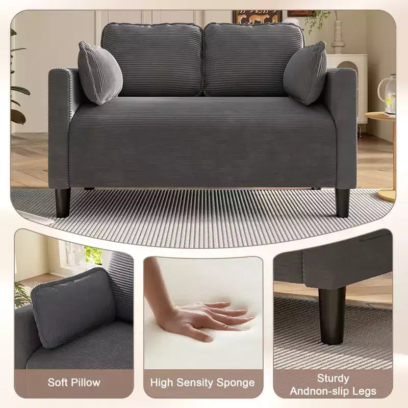 Divanetto 2 Posti in Velluto a Coste con Tasca Laterale – Beige / Verde / Grigio