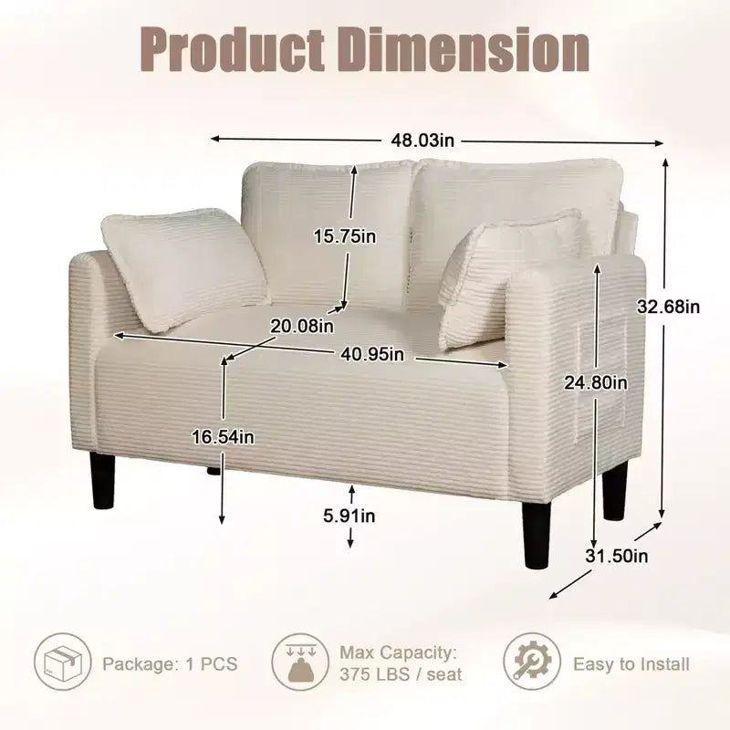 Divanetto 2 Posti in Velluto a Coste con Tasca Laterale – Beige / Verde / Grigio