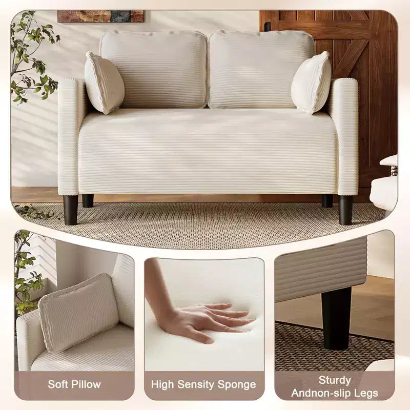 Divanetto 2 Posti in Velluto a Coste con Tasca Laterale – Beige / Verde / Grigio