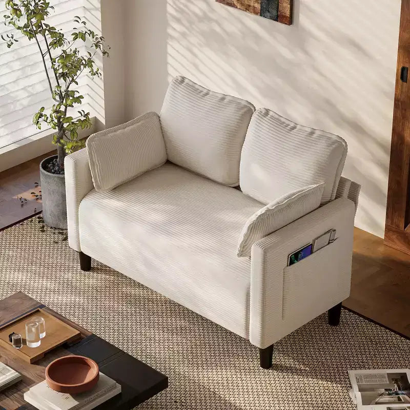 48 Corduroy Loveseat Sofa, 2 Seater Upholstered Sofa Couch with Side Storage Pocket, Deep Seat Small Sofa for Living Room Bedroom Apartment