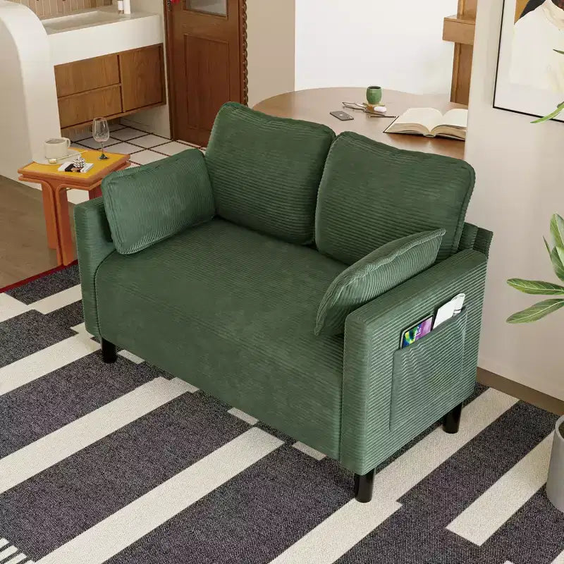 Divanetto 2 Posti in Velluto a Coste con Tasca Laterale – Beige / Verde / Grigio