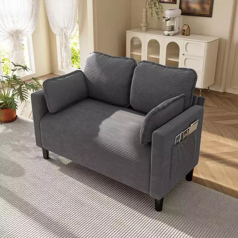 Divanetto 2 Posti in Velluto a Coste con Tasca Laterale – Beige / Verde / Grigio