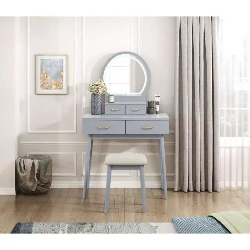 Toeletta con specchio rotondo illuminato e 4 cassetti, sgabello imbottito – Nero / Grigio / Rosa / Bianco, 1 persona