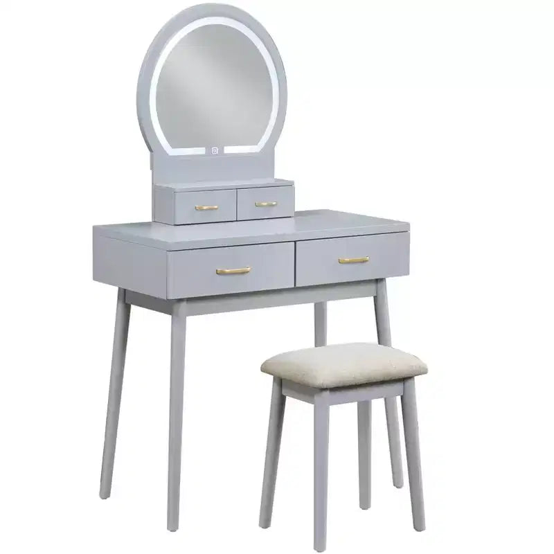 Toeletta con specchio rotondo illuminato e 4 cassetti, sgabello imbottito – Nero / Grigio / Rosa / Bianco, 1 persona